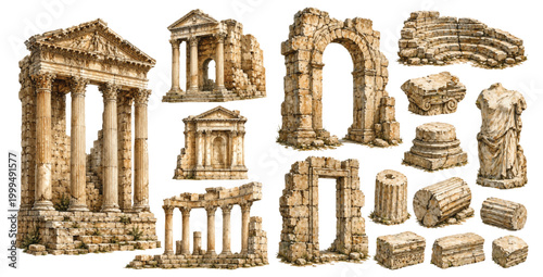 A charming watercolor set of ancient ruins featuring classical stone temples arches columns and weathered architectural fragments illustrated in a natural realistic style.