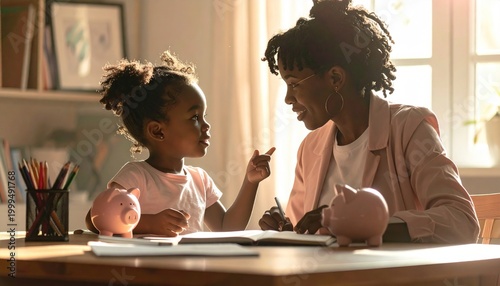Black mother and daughter discussing finances with pink piggy banks on wooden table in sunlit room, family saving, financial literacy, piggy bank, financial planning, savings.