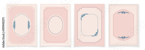 Set of templates, invitations, postcards in vintage style with roses flowers. Four frame templates on a light pink background with blue roses.