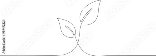 Continuous line drawing of two green leaves representing nature and growth. Simple outline editable stroke vector illustration