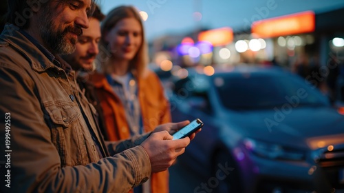 Designated driver sharing rideshare booking with friends near parked car at dusk