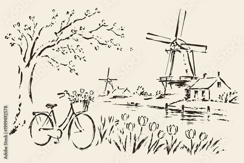 Dutch windmill bicycle tulip sketch vector illustration