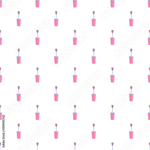 Pink nail polish bottles and brushes repeating in a seamless pattern on white background