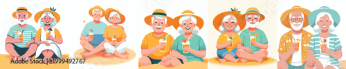 vector old couple sitting on beach sand drinking iced drinks enjoying summer
