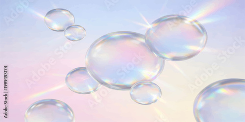 Floating Soap Bubbles: Transparent spheres, iridescent and shimmering, float gently against a pastel backdrop, creating a whimsical and ethereal atmosphere. 