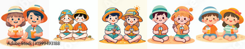 vector two children sitting on beach sand drinking iced drinks enjoying summer