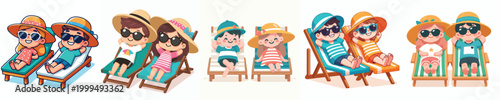 vector two children lying on beach lounge chairs enjoying summer