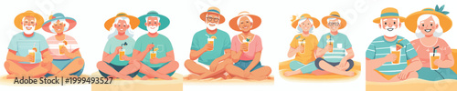 vector old couple sitting on beach sand drinking iced drinks enjoying summer