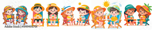 vector two children sitting on beach chairs drinking iced drinks enjoying summer