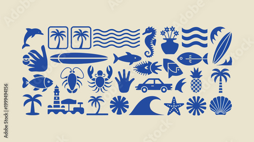 A playful collection of blue icons depicting a vibrant summer seaside scene