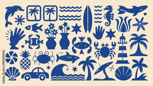 A vibrant blue illustration depicting a collection of ocean and tropical elements