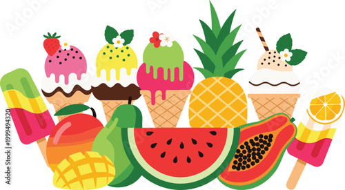 Colorful Ice Creams, Popsicles, and Fresh Fruits Set with Pineapple, Mango, Watermelon, and Papaya for Summer Treats and Desserts