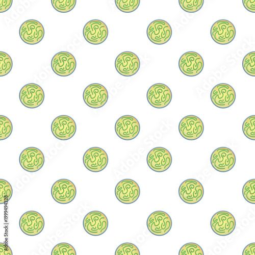 Petri dishes with green microorganisms forming a repeating pattern on a white background