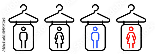 Male and female changing room symbol. Line outline vector icon in monochrome and colours for wardrobe, fitting room, cloakroom and public locker spaces.