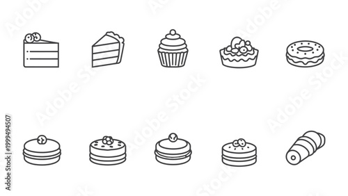 Fotografija Sweet Treats Selection: A charming assortment of delectable desserts, artfully presented as line drawings, showcasing a variety of baked goods