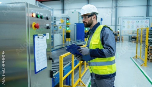 Industrial Worker Overseeing Operations: A focused industrial worker in a hard hat and high-visibility vest meticulously reviews a checklist on a clipboard.