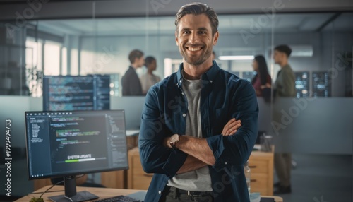 Confident Programmer in Tech Office: A smiling man with crossed arms, a confident programmer, stands in a modern tech office.