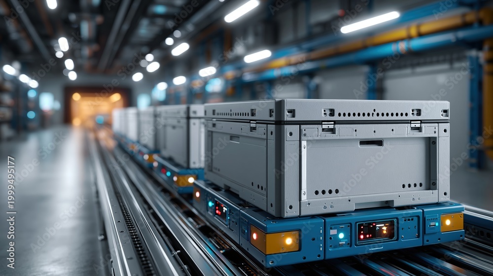 Naklejka premium Modular containers moving through automated logistics corridor toward illuminated chamber
