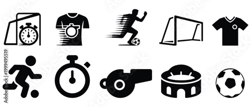 Dynamic soccer action silhouettes and training equipment for athletic branding and vector.