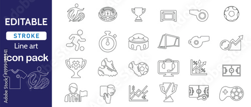 Soccer sports line icon pack contains various football symbols and athletic gear vector.