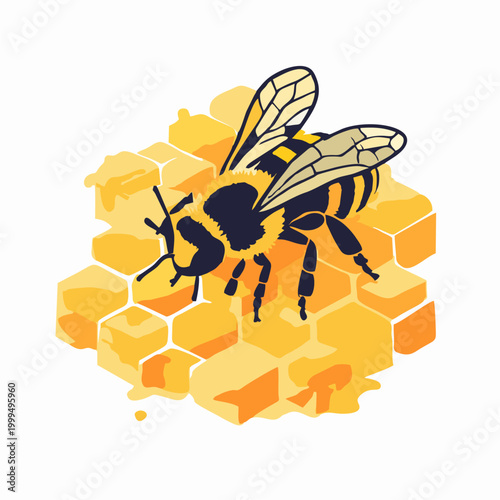 honeybee collecting pollen on bright yellow honeycomb illustration