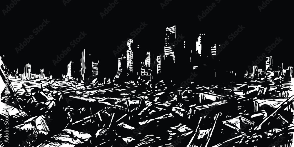 Fototapeta premium Black and white illustration of a destroyed city skyline with ruins in the foreground