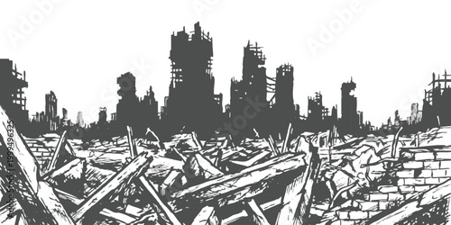 Ruined city landscape with destroyed buildings and rubble after a disaster