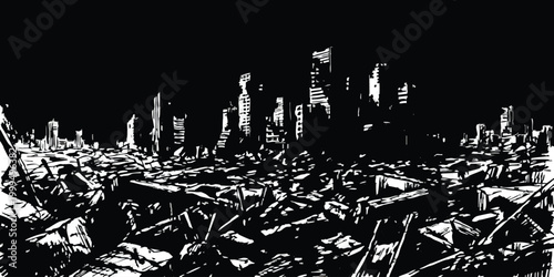Black and white illustration of a destroyed city skyline with ruins in the foreground