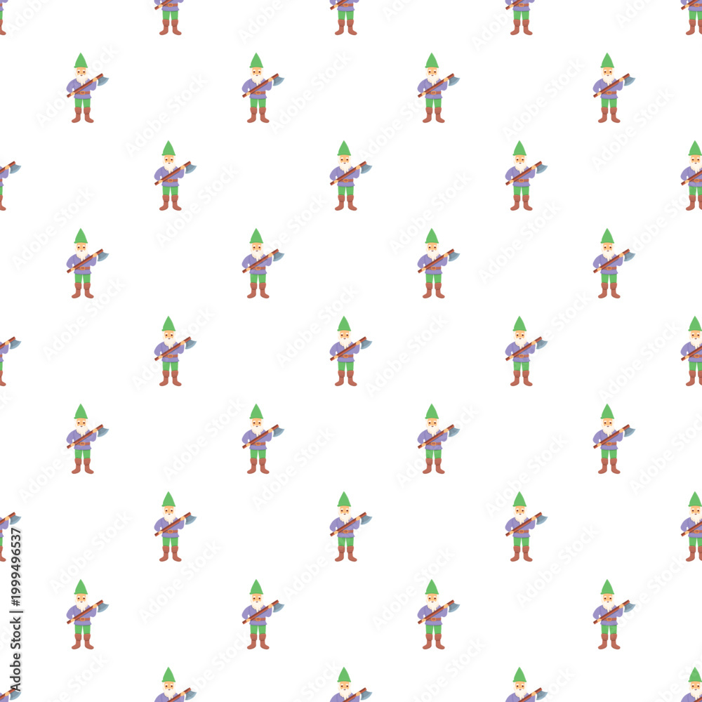 Fototapeta premium Cartoon gnome woodcutter pattern holding an axe on a white background