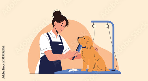 Professional female pet groomer brushing the fur of a golden retriever dog on a grooming table in a specialized salon setup.