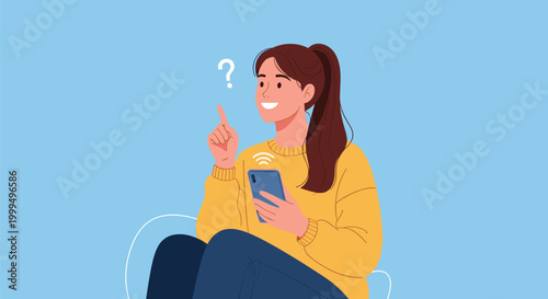 Young woman holding a smartphone with a question mark above her head representing confusion or finding answers online.