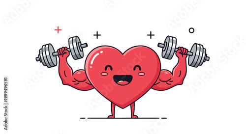 Muscular cartoon heart character lifting heavy dumbbells to represent health fitness and cardiovascular strength in a fun way.