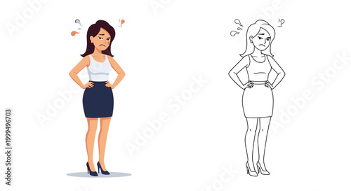 Frustrated young woman standing with her hands on her hips shown in both colored and black and white line art versions.
