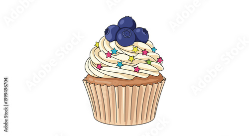 Gourmet cupcake with vanilla frosting topped with fresh blueberries and colorful star shaped sprinkles on a white background.