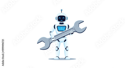 Friendly white robot character with a blue screen on its chest holding a large metallic wrench for repairs or maintenance.