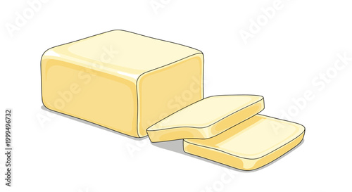 Large rectangular block of yellow butter with two small slices cut off and placed in front of it isolated on a white background.
