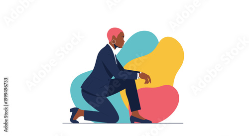 Professional businesswoman with pink hair wearing a dark suit and kneeling on one knee against a colorful abstract background.