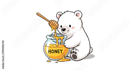 Adorable white polar bear cub sitting on the ground and dipping a wooden stick into a glass jar filled with golden honey.