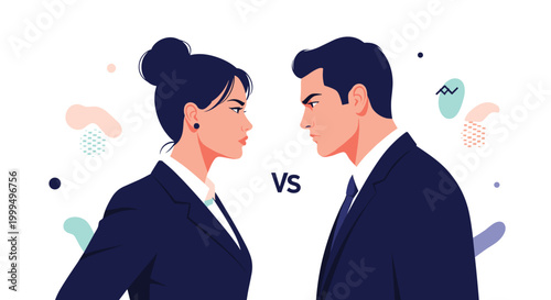 Businessman and businesswoman in formal suits staring intensely at each other with a VS symbol between them indicating conflict.