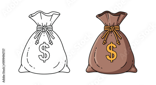 Traditional brown fabric bag tied with a rope and featuring a dollar sign symbol shown in line art and colored versions.