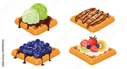 Selection of four delicious waffles topped with ice cream, chocolate syrup, blueberries, and fresh fruit slices on a white background.