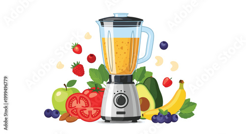 Silver kitchen blender filled with orange juice and surrounded by fresh fruits and vegetables like tomatoes, avocado, and banana.