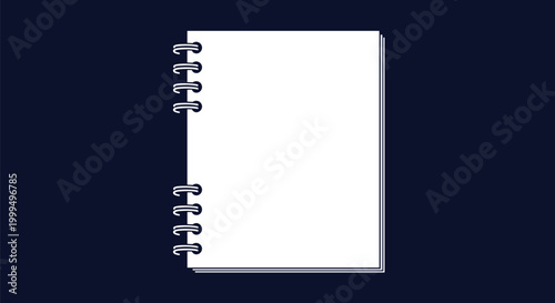 Minimalist white spiral bound notebook icon with blank pages isolated on a dark blue background for office or school stationery.