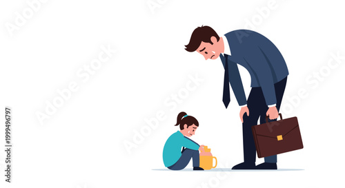 Sad businessman in a suit leaning over a crying young girl sitting on the floor with a broken yellow piggy bank or jar.