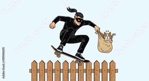 Skilled thief wearing a mask and black outfit riding a skateboard over a wooden fence while carrying a bag with a cat inside.