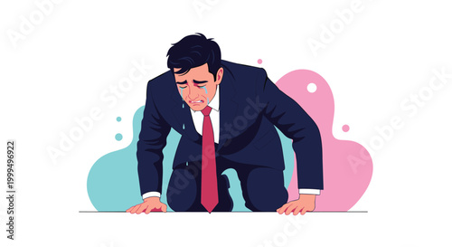 Sad businessman in a suit and tie kneeling on the floor and crying with an emotional expression on a colored background.