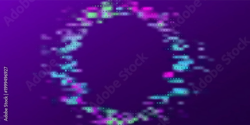 Glitch frame ring with bug distortion and cyan red digital artifacts for futuristic interface. Circular border with noise lines and data corruption effects. Cyberpunk design for tech game overlays.