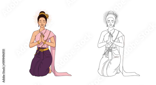 Woman in elegant Thai traditional dress kneeling in a respectful pose, shown in full color and as a black and white sketch.