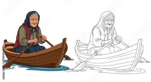 Elderly woman rowing a wooden boat on the water, shown in a colored artistic style and as a black and white line sketch.