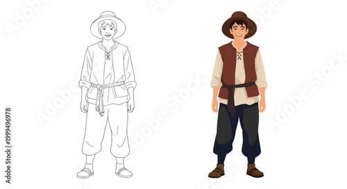 Young boy in medieval or rustic peasant clothing and a hat, shown in full color and as a black and white line drawing.